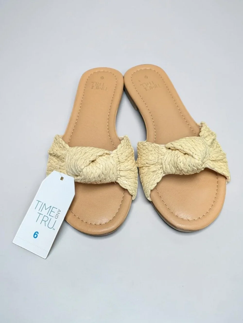 Time and Tru Raffia Knot Slide Sandals Size 6 Natural Woven Flat New NWT